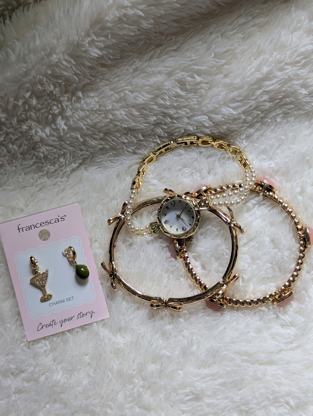 Francesca's Gold, Pink, & Pearl Watch/Bracelet Set + Charms